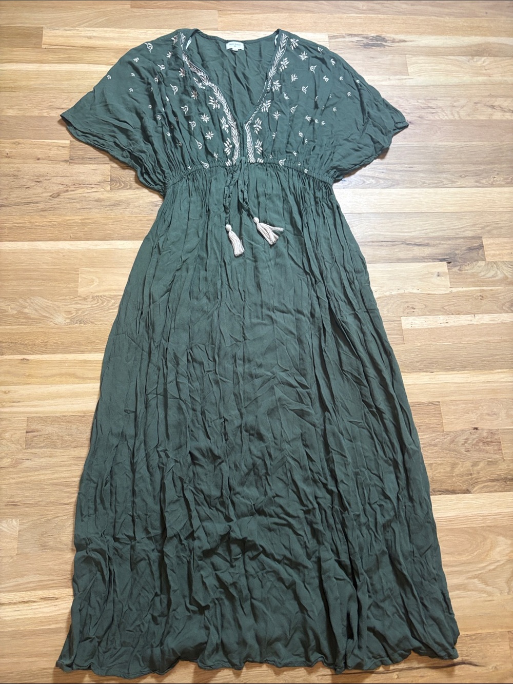 World Market Olive Green Embroidered Maxi Dress with Tassel Tie L/XL